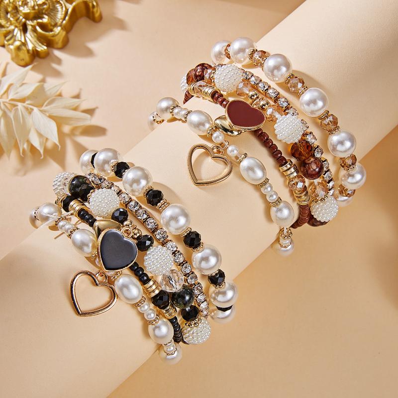 Liquid Metal Geometric Bracelets Set For Women Irregular Imitation Pearls Heart Beaded Bracelets Party Jewelry Gifts