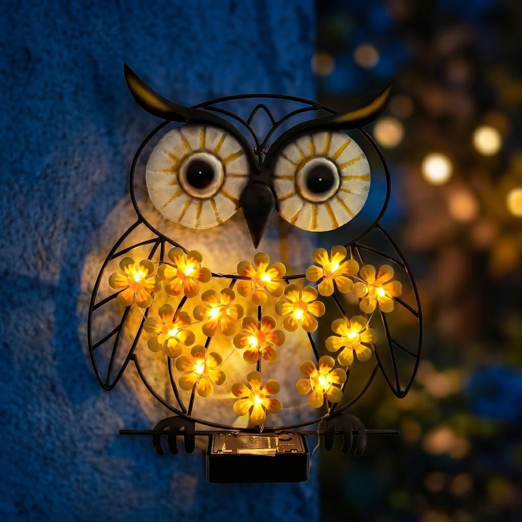Solar Outdoor Waterproof Wall Light Owl Shape Decorative Metal Frame with LED Flower Lights for Garden Patio Yard Porch