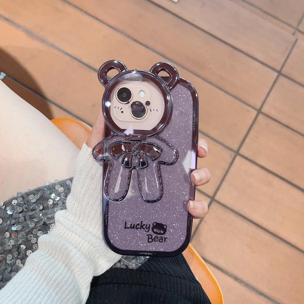 Cartoon Cute Bear Compatible with Apple 16 Crossbody Phone Case iPhone 15 Pro Max Stand 14 Lanyard 12 Glitter