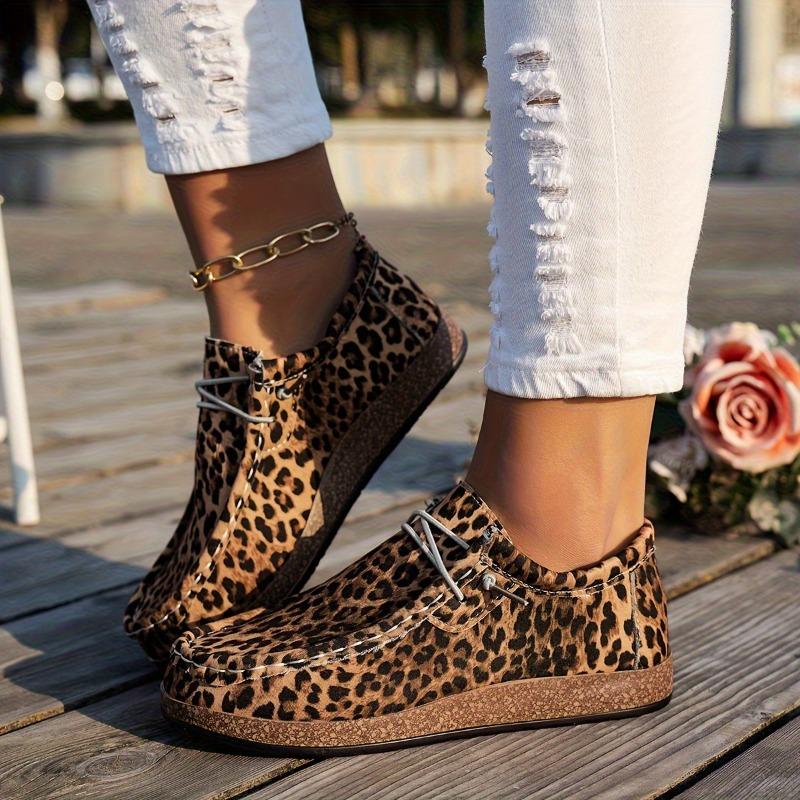 Women's Leopard Print Sneakers - Lightweight Lace-Up Shoes with Cushioned PU Sole, Everyday Casual Shoes for Women, All-Season Fashion Footwear