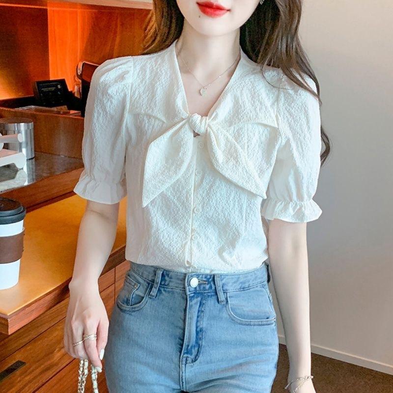 Women White Bow Neck Puff Sleeve Button Down Textured Casual Blouse S абрикосовый