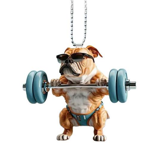 Cute Dog Weightlifting Dumbbell Pendants Acrylic Novelty Bag Charm Christmas Tree Car Mirror Decoration Unique Gift for Animal Lovers Drivers