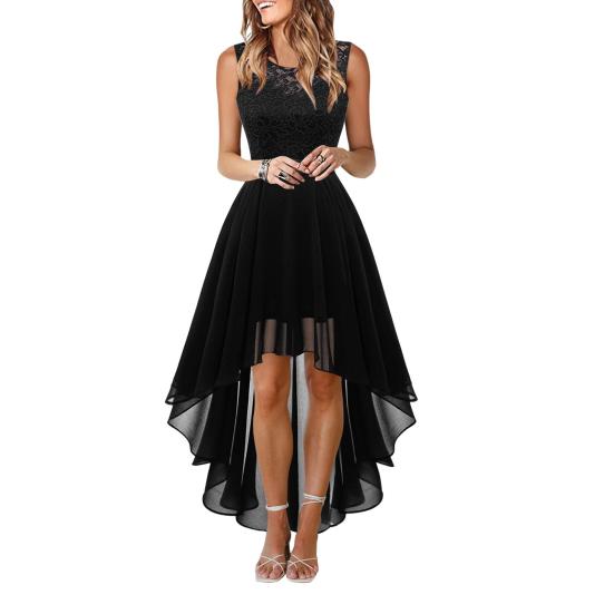 Women's Sleeveless Lace High Low Dress Crew Neck Cocktail Dress Formal Wedding Guest Swing Dress for Evening Party Prom