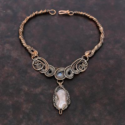 Collana Quarzo Rosa Collana Avvolta in Filo di Rame Collana Pietra di Luna Arcobaleno Gioielli Sottili in Rame Collana Fatta a Mano con Pietre Preziose Regalo Per Donne