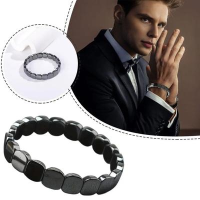 Hematite Stone Bracelet Elastic Cord Metallic Luster Polished Bracelet Groundedness Theme Men