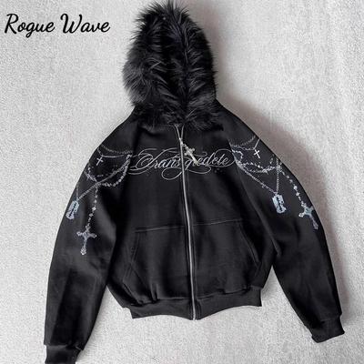 RogueWave Retro Americano Rock Gótico Gráfico Gola de Pelo Solta Zíper Moletom Y2K Novo Harajuku Punk Casual Joker Moletom Streetwear