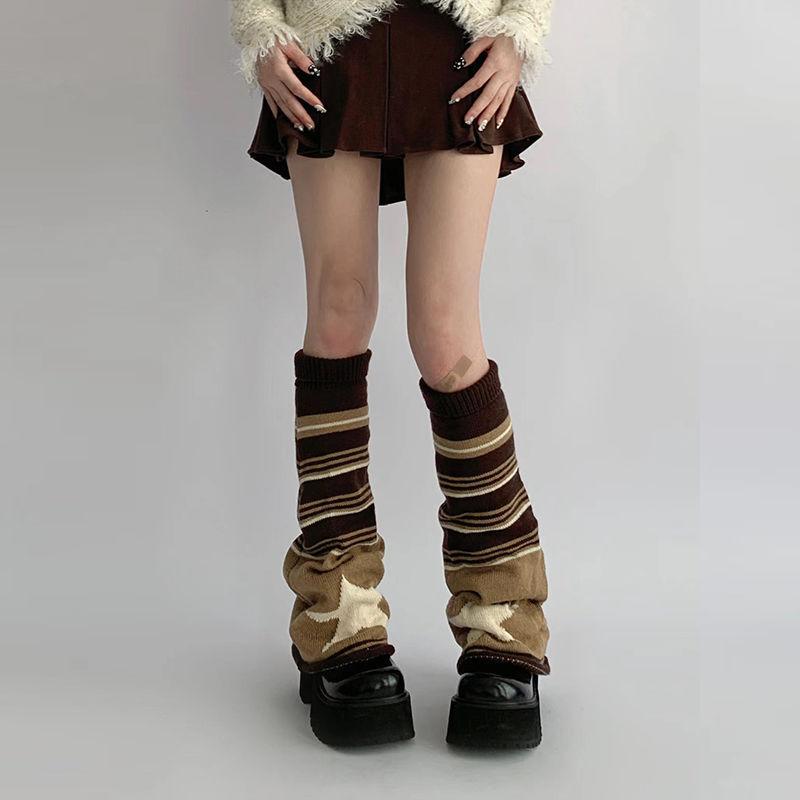Black Gray Stripe Star Sock Leg Warmers Women Knit Stacked Socks Wide Leg JK Student Calf Sleeves