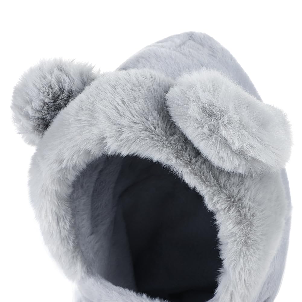 LONTG Winter Hat with Bear and Cute Faux Fur Hat with Fluffy Fur and Thick Furry Boa Animal Hat for Girls and Perfect for Fall and Gray Kids' Ears,