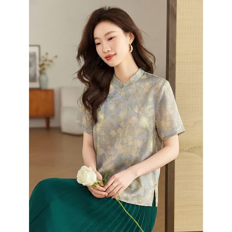 Ou Di Fu Chinese Style Stand Collar Short Sleeve Blouse XL
