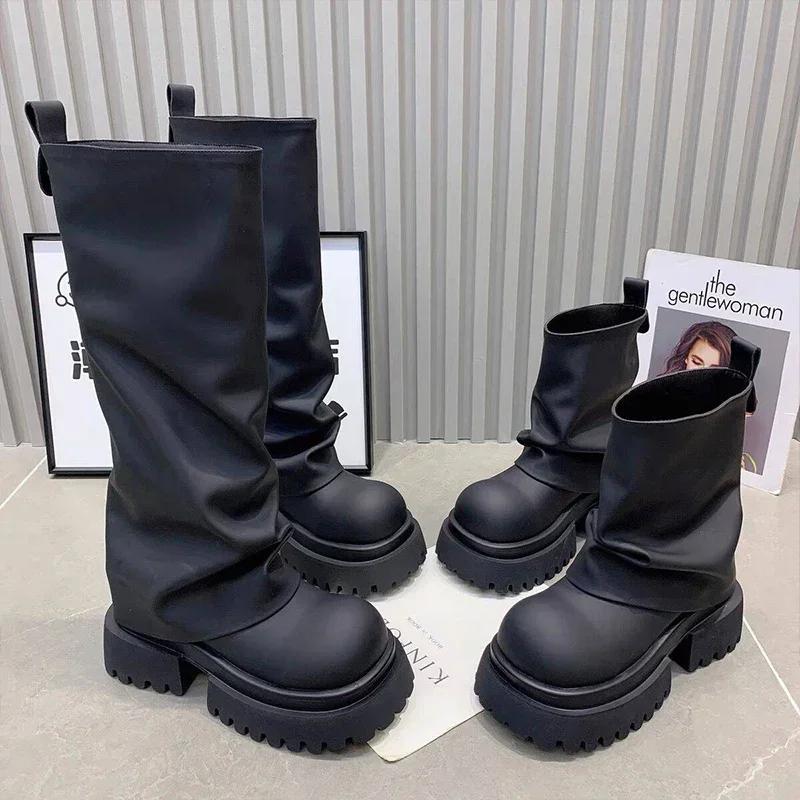 Platform Women Ankle Boots Mid Heels Designer Laether Shoes Fashion Winter Woman 2025 Trend Chelsea Boots Goth Femme Chaussures
