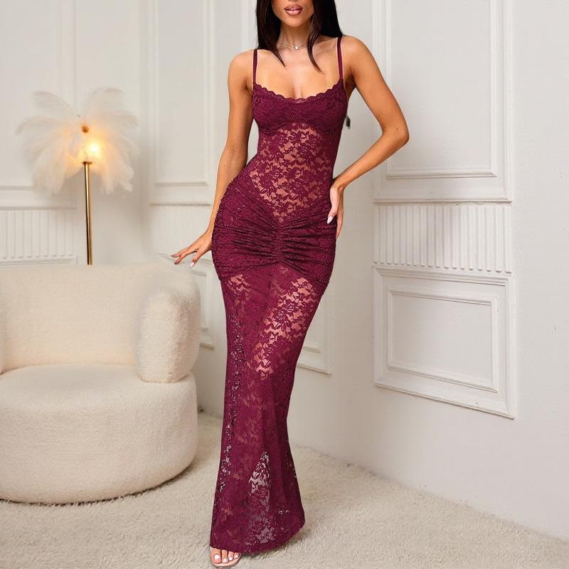 Spring 2026 Sexy Lace Trim Slim Fit See-through Dress - Spicy Girl Style