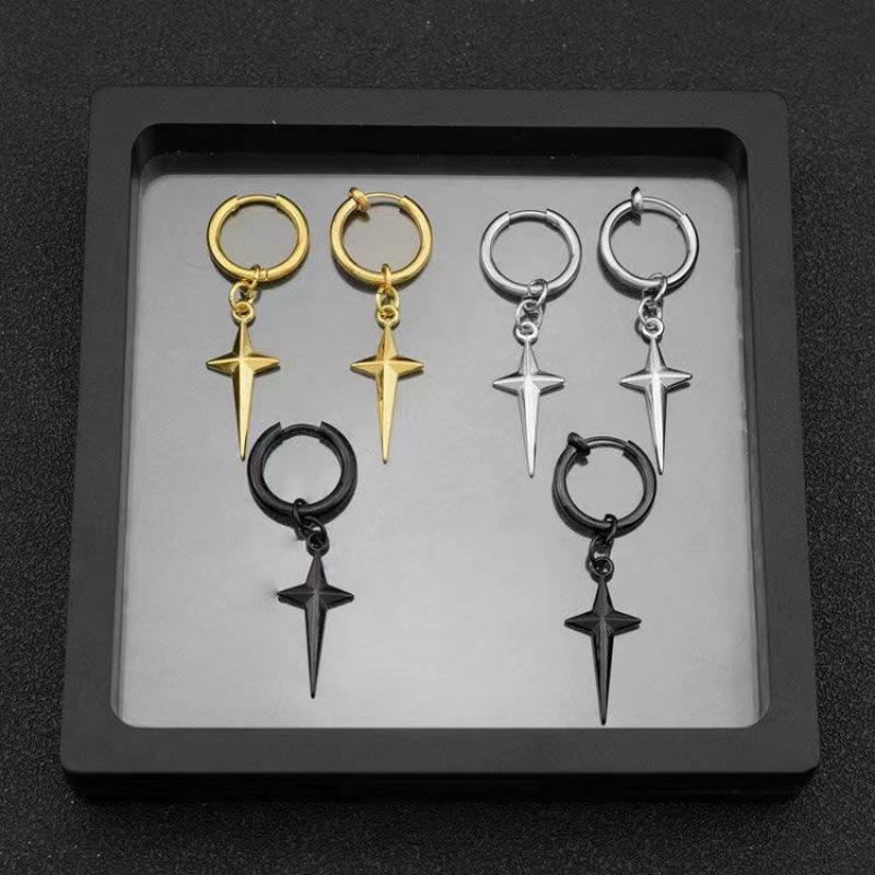 Unisex 3D Four-Pointed Star Cross Ear Clips - Non-Piercing Hip Hop Punk Style in Titanium Stainless Steel