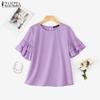 ZANZEA Women Casual Round Neck Ruffles Short Sleeve Loose Solid Blouse