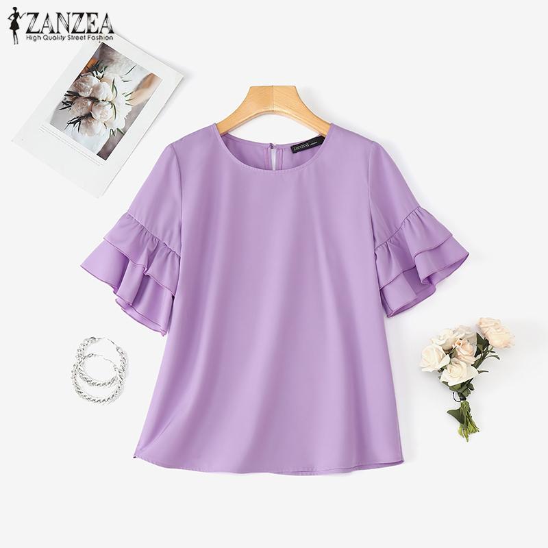 ZANZEA Women Casual Round Neck Ruffles Short Sleeve Loose Solid Blouse