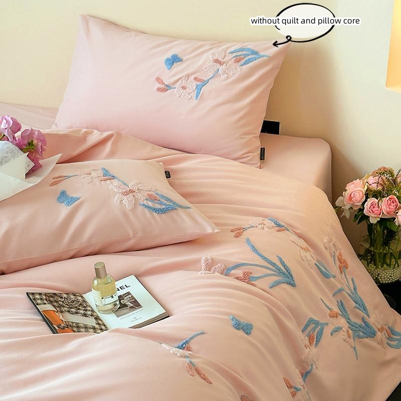 3pcs Elegant Embroidered Orchid Duvet Cover Set (1*Duvet Cover + 2*Pillowcase, Without Core), Lace embroidery Bedding Set