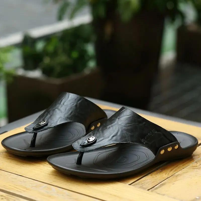 Fashion Men's Shoe Flat Outdoor Beach Leather Shiatsu Male Slipper Slides Flip Flops Original Y2k 2025 Style Cheap Shoes Liquidation Fun