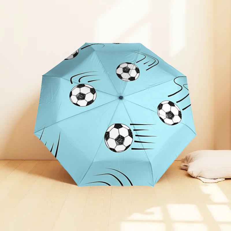 Soccer Ball Pattern Automatic Opening/Closing Umbrella with Convenient Three Fold Design,8 Bone Iron Frame Outdoor Umbrella Perfect Gift