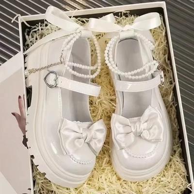 Sapatos Casuais Femininos Japoneses de Couro PU de Sola Grossa Sapatos de Couro Pequenos Laço com Miçangas de Uma Milha Sapatos Casuais JK