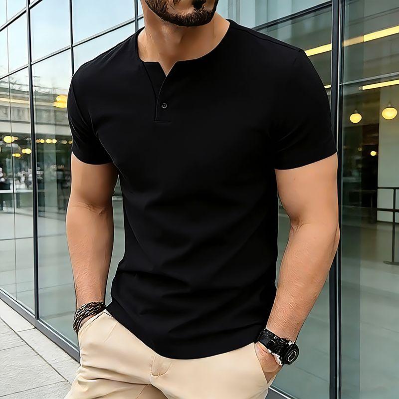 

Men s Summer Solid Color Hip Hop V Neck T-Shirt Casual Henry Button Short Sleeve Fashion Streetwear Basic Top Tees L чёрный
