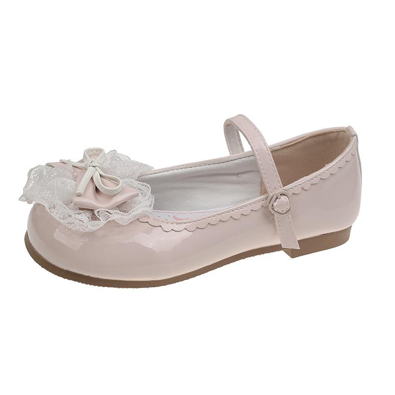 Low heel round head Lolita daily student style loli lo shoes one-word buckle with bow lace edge single shoes