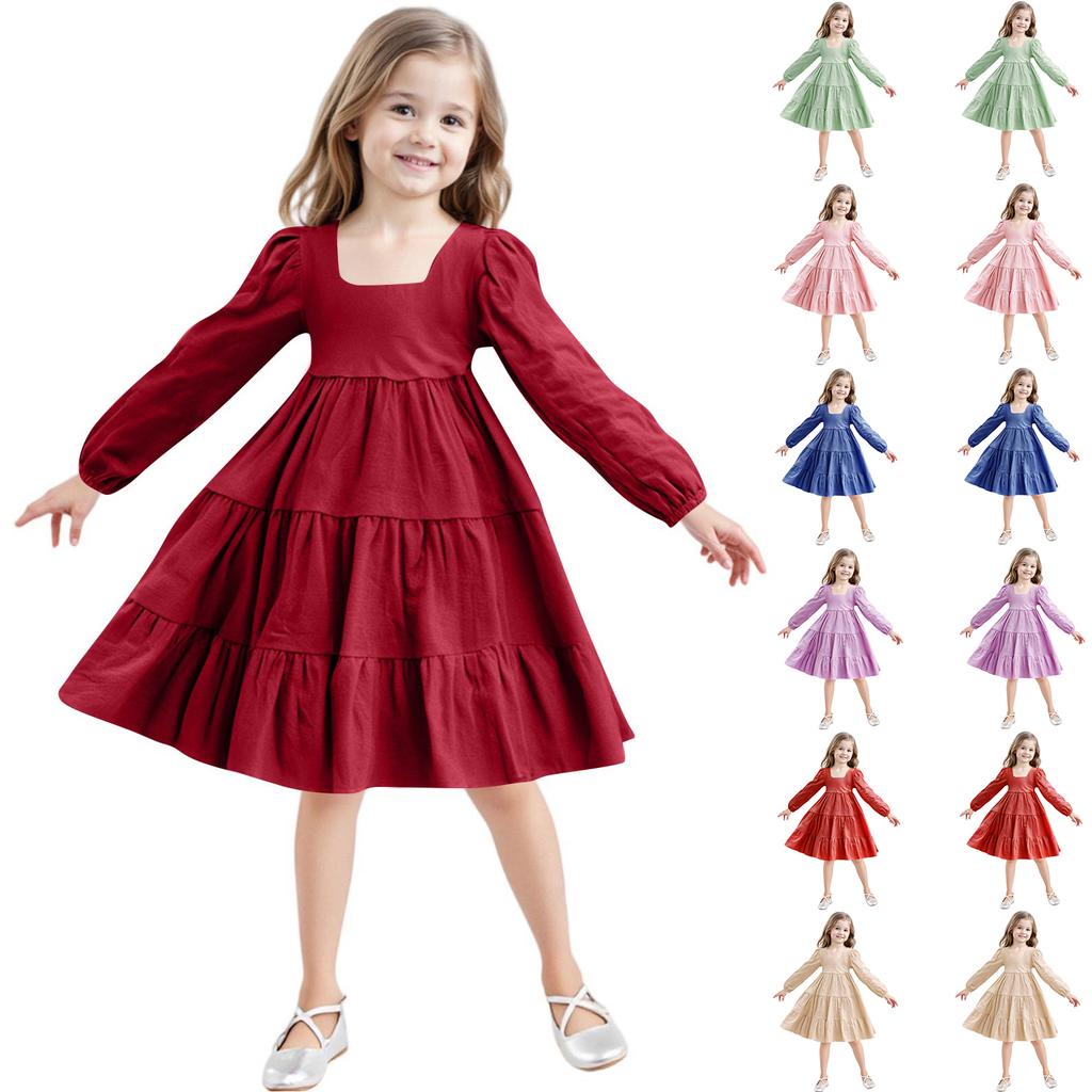 Girls' Fashion Cute Solid-Color Doll-Style Forest-Inspired Long-Sleeve Sweet Dress