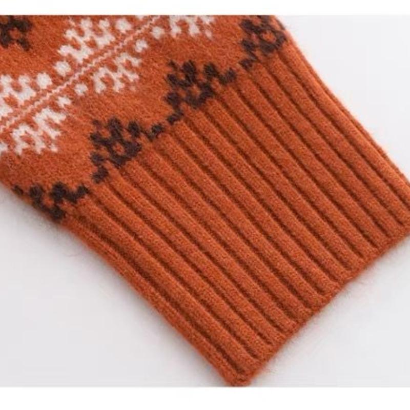 Women's Semi High Neck Retro Sweater Autumn and Winter Jacquard Color Blocked Knitted Sweater Top for Women