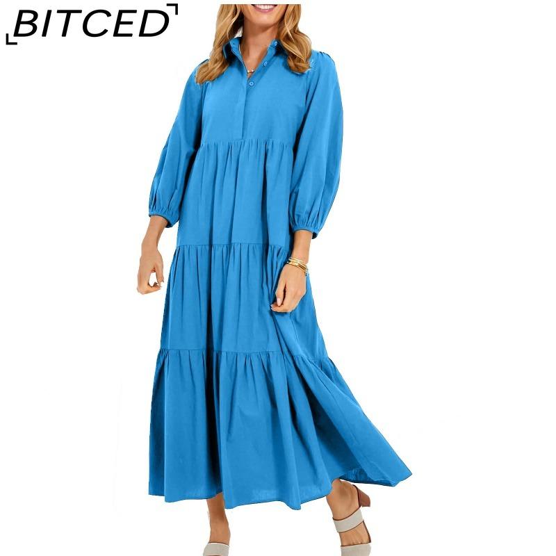 BITCED Women's Fashion Spring Autumn Solid Color Print Long Sleeve POLO Neck High Waist Casual Dresses