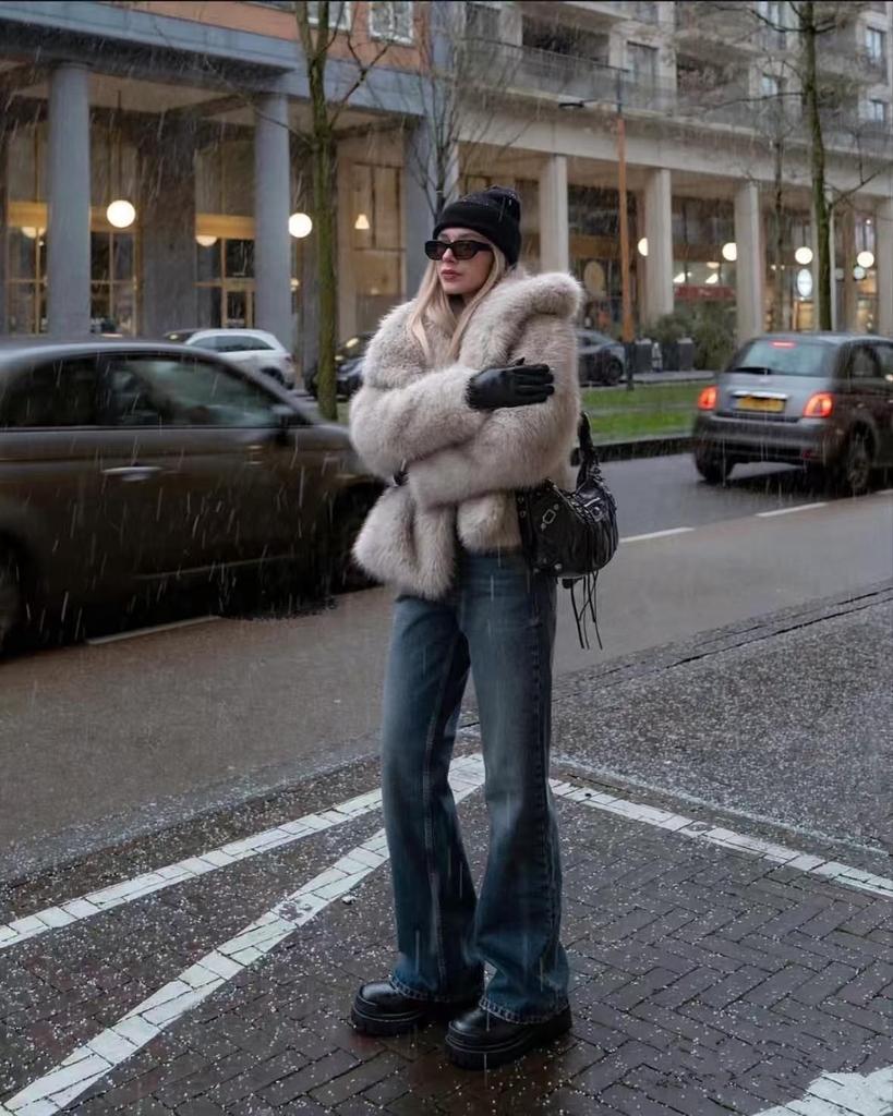 Palton de damă de înaltă calitate din blană ecologică cu rever mare – Stil celebritate inspirat de blana de vulpe