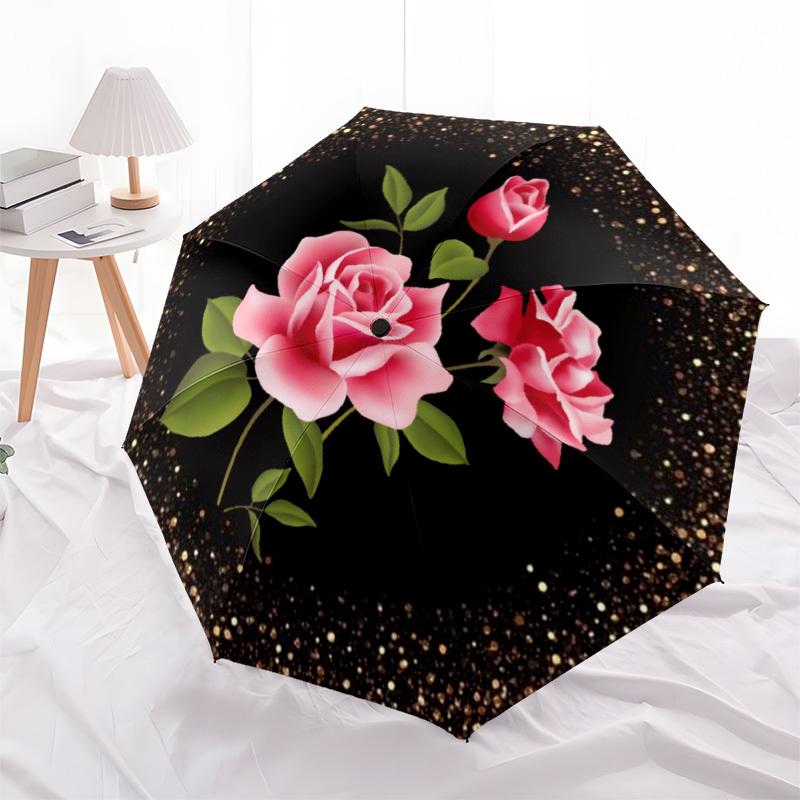 1pc Pink Roses, Glitter Background, Floral Design Umbrella with Plastic Handle,Compact & Stylish,Suitable for All Seasons YS331032