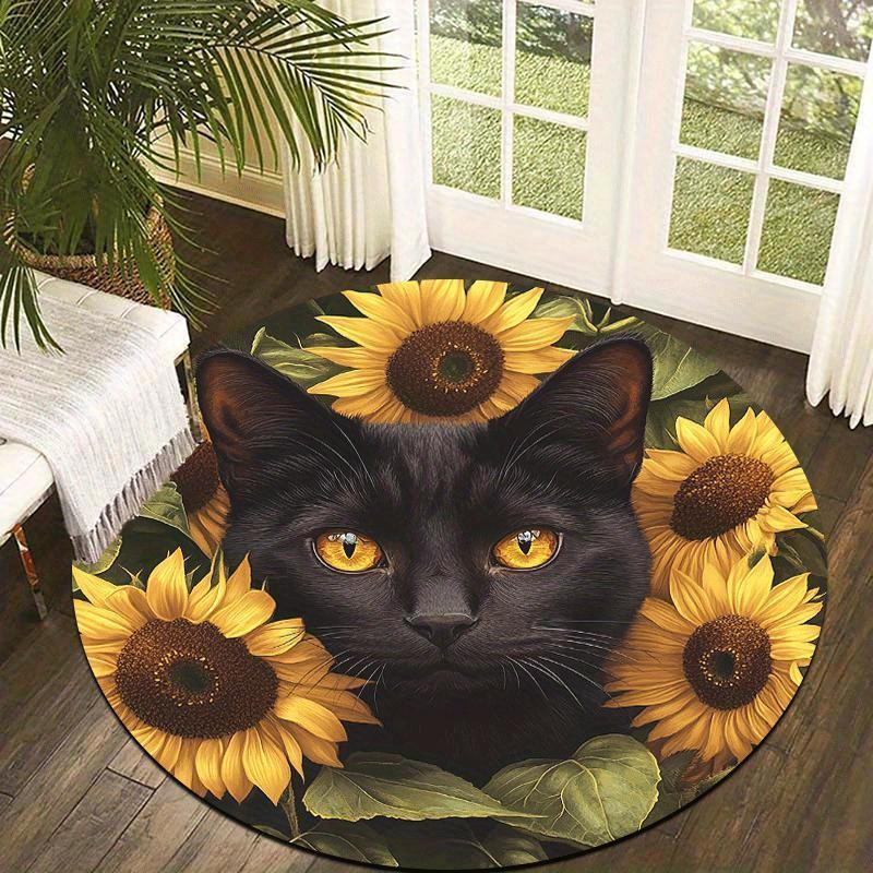 

Black Cat and Sunflower Style Flannel-printed round floor mats are slip-resistant Suitable living room terrace garden carpets 60cm x 60cm