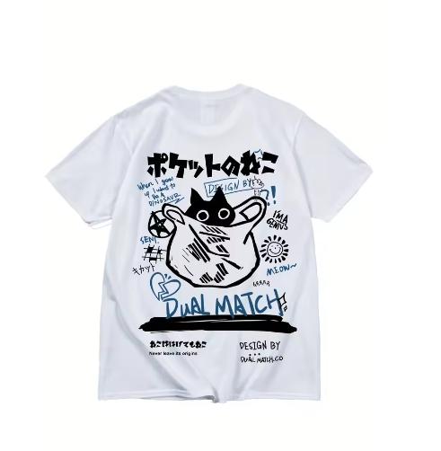 Womens Black Cat Print Tshirt Casual Short Sleeve Blend Crew Neck Tee Mens Clothing for Outdoor