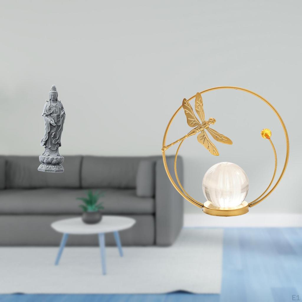 Guan Yin Crystal Ball Figurine Female Buddha Sculpture Metal Ornament for Bookshelf Cabinet Desktop