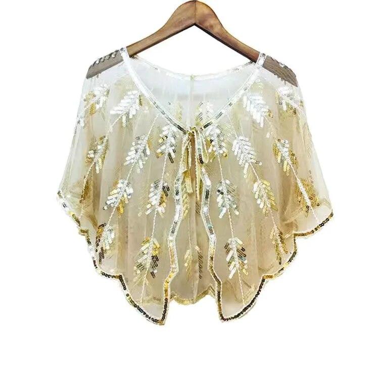 Retro Beaded Sequin Shawl Vintage Flapper Evening Cape Sheer Mesh Embroidery Leaf Women Bolero Party Accessories