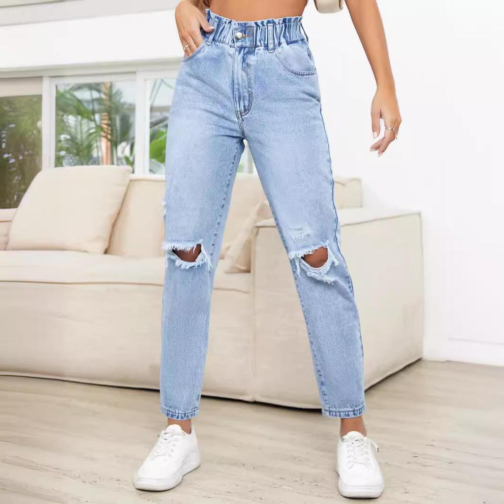 European & American Style Women's Slimming Ripped Straight-Leg Denim Pants