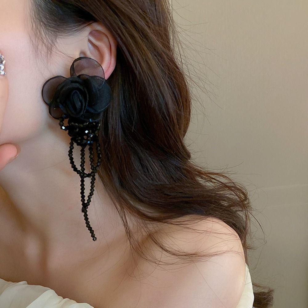 Light Luxury Tassel Earrings Silver Needle Crystal Dangle Earrings Gauze Flower Earrings  Women