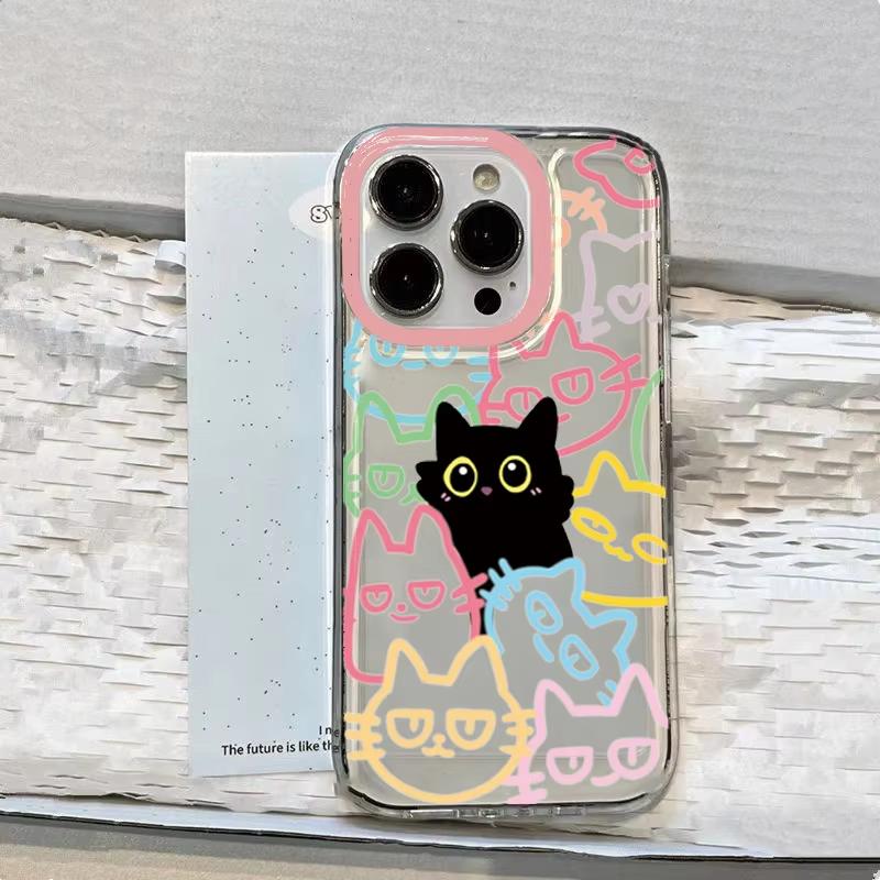 Transparent Cute Black Cat Phone Case for iPhone 16E 11 13 12 14 16 17 Pro Max 15 Plus XS 17 Air Animal Soft TPU Cover Fundas