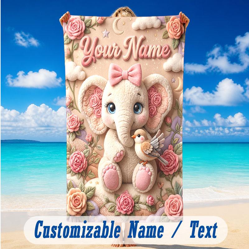 Elephant Theme Beach Towel Personalized Custom Name & Text Soft Quick Dry Beach Towel for Swimming Travel