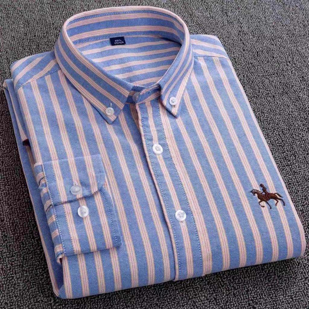 Men's Pure Cotton Embroidered Oxford Shirt - Long Sleeve, Solid Color, Spring/Autumn Business Casual