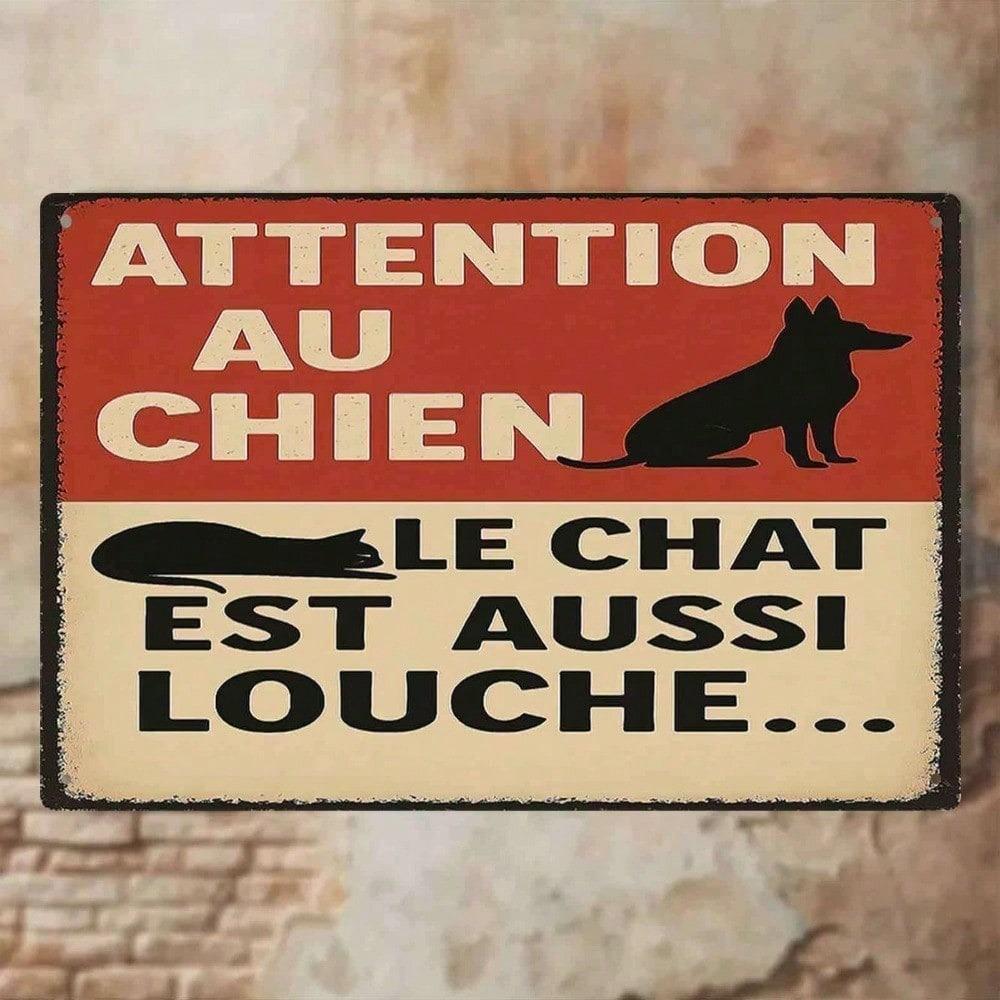 Vintage French Pet Warning Metal Sign, Rustic Dog Cat Tin Plaque, Funny Wall Decor for Home