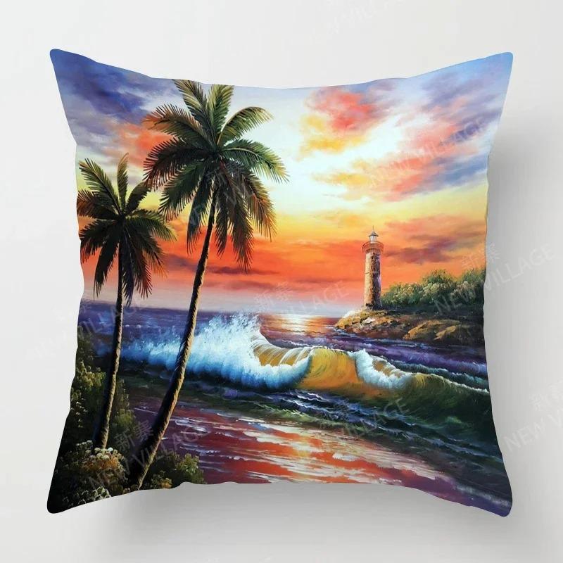 Sunset & Palm Tree Beach Pattern Double-Sided Printed Pillow Cover Short Plush Suitable Living Rooms Sofas Throw Cushion Cover