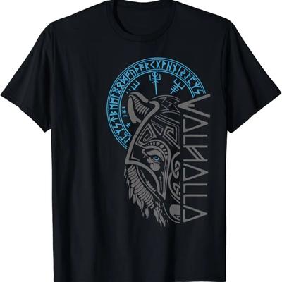 Herren Outdoor Rundhals-T-Shirt Bequem und Atmungsaktiv Mit dem Valhalla Wolfskopf, Odins Runen und einem Kompass-Design ...