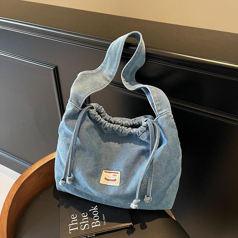 Drawstring Denim Tote Bag For Women With Tophandle Design And Large Capacity For Daily Use