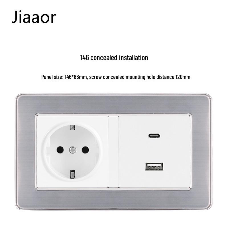 Padrão Europeu Tipo 86 Painel de Interruptor e Tomada de Parede Duplo em Aço Inoxidável com USB-C, Estilo Alemão, Montagem de Parede Embutida.