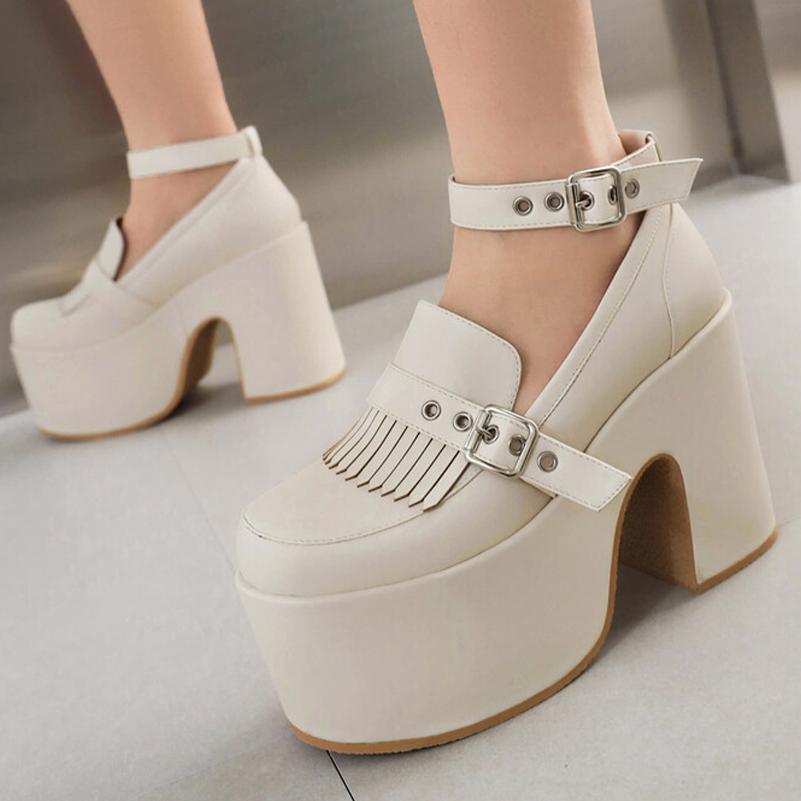 FOREADA Women Pu Leather Pumps Super High Hoof Heels Round Toe Ankle Strap Buckle Party Punk Style Spring Autumn Shoes White
