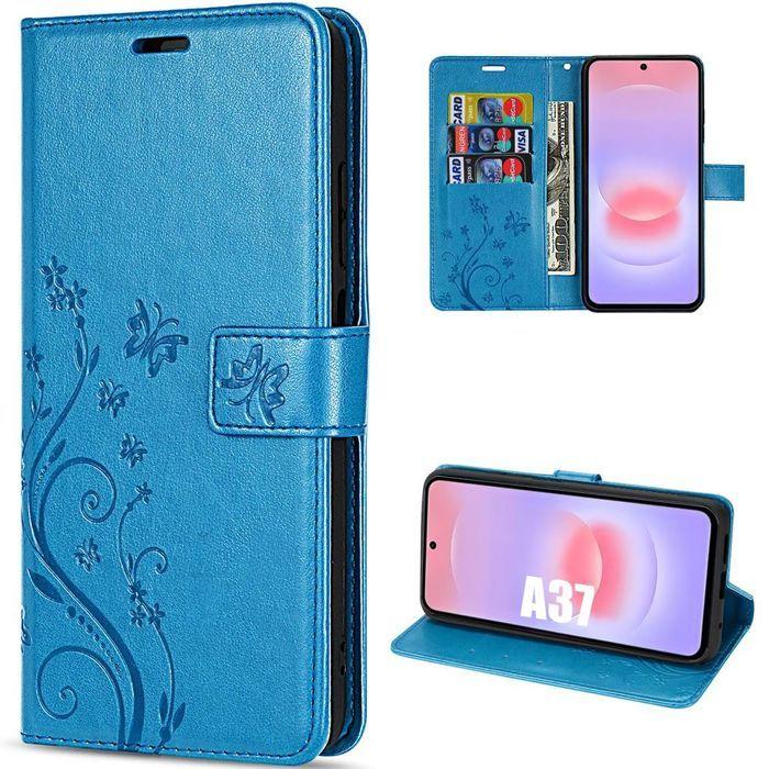 Coque pour Samsung Galaxy A37 5G, Antichoc Anti-Rayures Cuir Synthétique Bleu Motif Papillon Plante