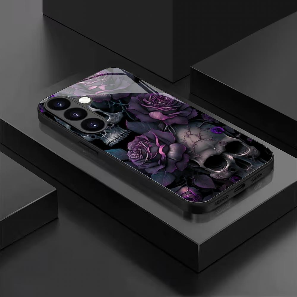 Flower and Skull Pattern Glass Phone Case Suitable for Samsung Galaxy S26 S25 S24 S22 S21 S20FE Ultra Plus5GAnti Drop Back Cover