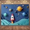 Space-Themed Photography Backdrop - Cartoon Spaceship & Galaxy Design Polyester Versatile For Birthday