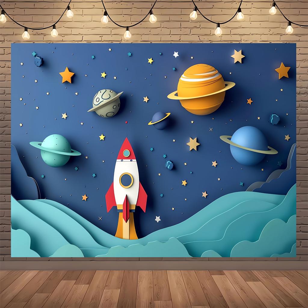 Space-Themed Photography Backdrop - Cartoon Spaceship & Galaxy Design Polyester Versatile For Birthday