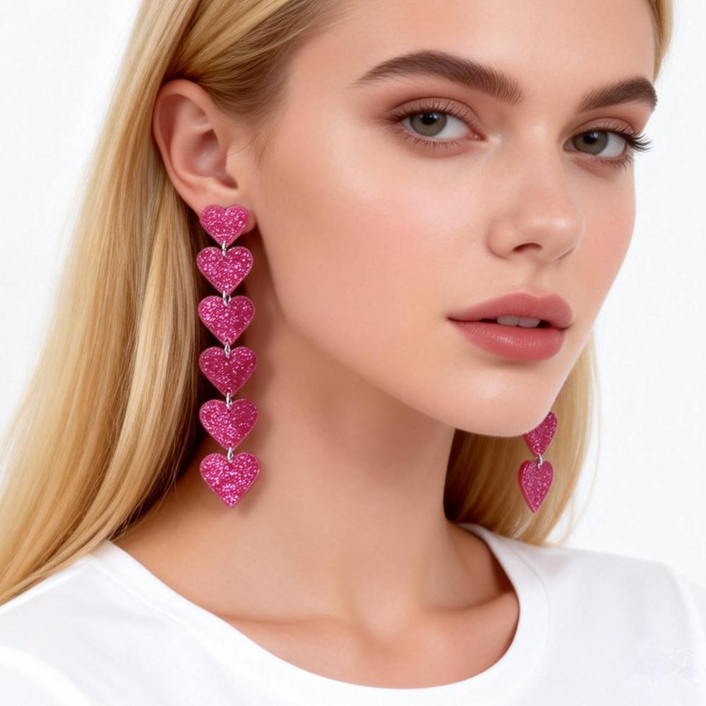 Sweet Valentine's Day Acrylic Drop Earring for Women Girls Fashion Glitter Heart Tassel Long Hanging Earrings Jewelry Gifts