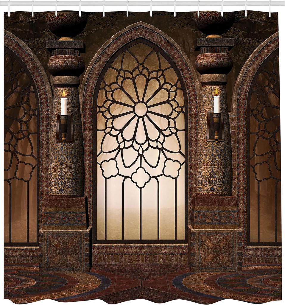 Gothic Cathedral Stained Glass Shower Curtain Medieval Art Decor Linen180X180